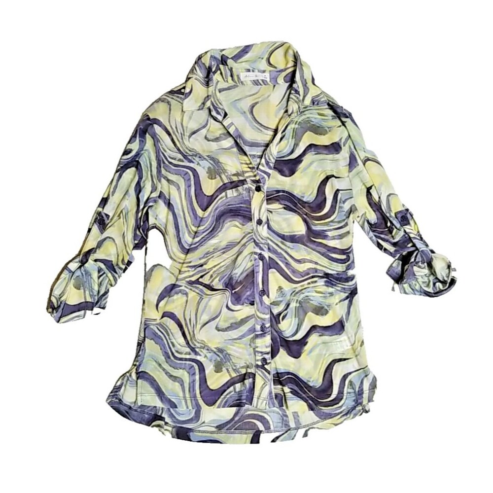 Y2K Graphic Button Down Womens Medium Top Sheer Shirt Lava Lamp Futuristic Rave